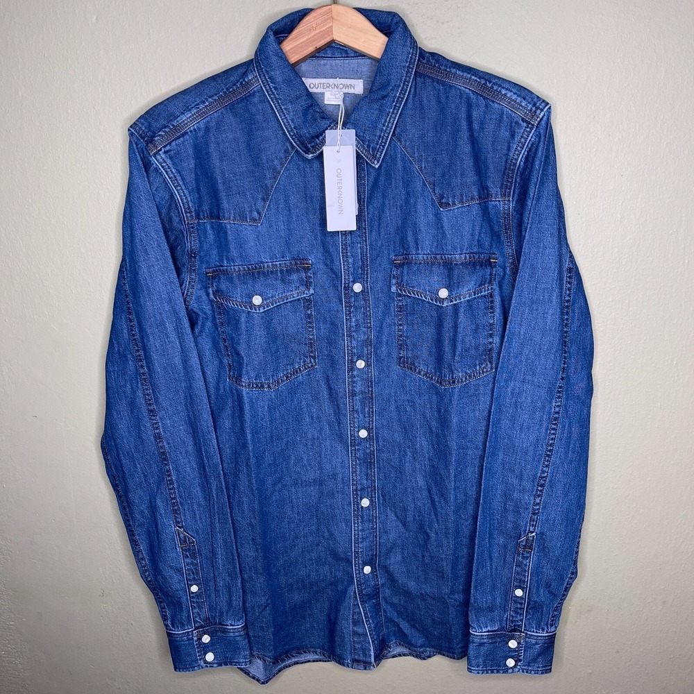 New Outerknown Westerly Men's Large Blue Denim Pearl Snap Western Button Shirt